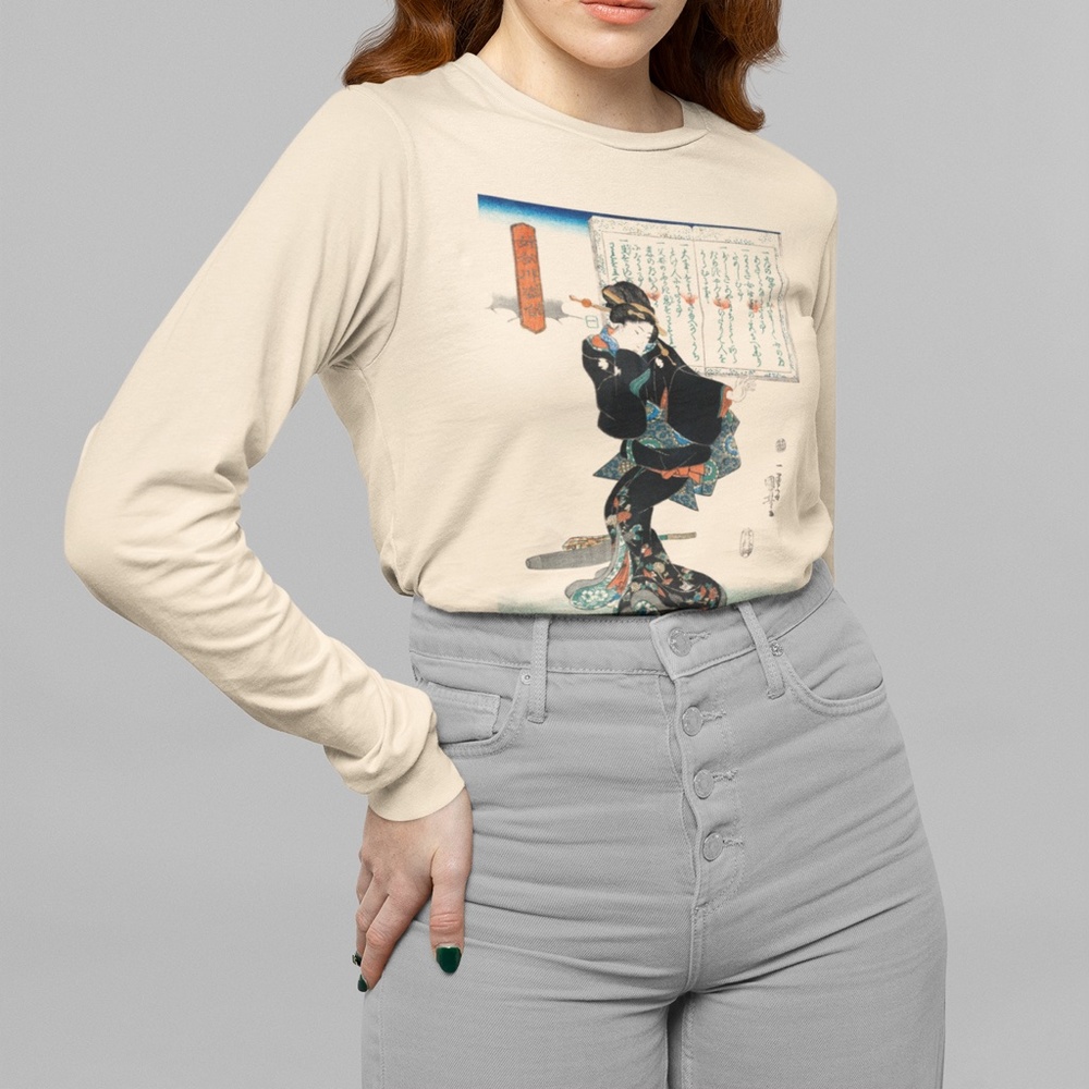 Japanese Woman & Book VTG Ukyio-e Print Long Sleeve Graphic Tee T-shirt S M L XL